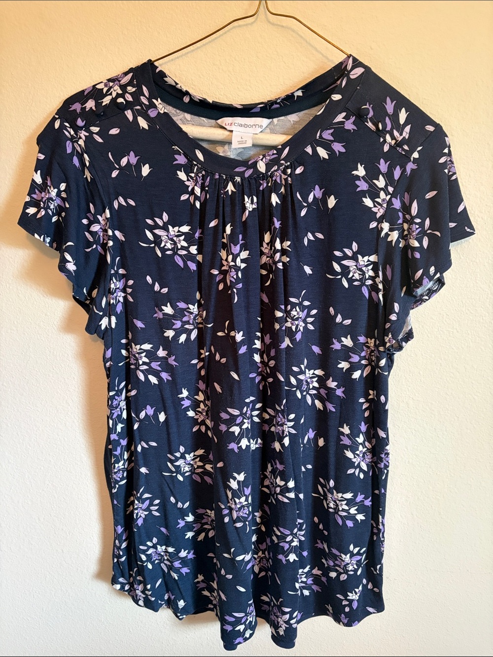 Liz Claiborne Navy Floral Short Sleeve Top with Purple & White Blossoms